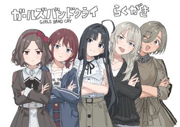 5girls :&lt; absurdres ahoge awa_subaru belt black_bow black_bowtie black_dress black_hair black_ribbon black_sweater blue_eyes blue_jacket blush bow bowtie brown_hair brown_sweater closed_mouth commentary copyright_name crossed_arms dress ebizuka_tomo girls_band_cry grey_eyes grey_hair hair_between_eyes hair_bow hairband hashtag-only_commentary highres iseri_nina jacket kawaragi_momoka long_hair_between_eyes low_twintails mole mole_under_eye multiple_girls neck_ribbon open_mouth parted_bangs purple_eyes red_bow red_eyes red_hairband ribbon rupa_(girls_band_cry) shirt short_hair short_twintails simple_background suru_(seiya) sweater togenashi_togeari tongue tongue_out translated twintails white_background white_belt white_shirt