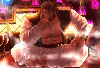 1boy abs arabian_clothes bara bare_pectorals beard book brown_hair chalice chest_hair cleaning_rag cup facial_hair full_beard hairy highres huge_pectorals itaru_(kidomh63) jinn_(housamo) looking_at_viewer male_focus mature_male muscular muscular_male nipples pectorals pile_of_books seductive_smile short_hair smile solo sparse_chest_hair strongman_waist thick_beard thighs tokyo_houkago_summoners tsurime unibrow
