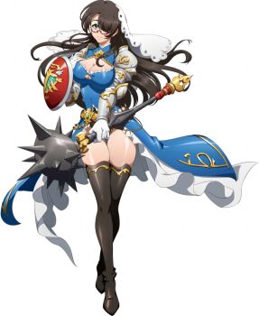Rule 34 | 1girl, arm armor, armor, belt, black boots, blue dress, blue eyes, boots, breasts, brown hair, buckler, cleavage, cleavage cutout, closed mouth, clothing cutout, cross, crossed legs, dress, elbow gloves, floating clothes, floating hair, full body, game cg, glasses, gloves, gold belt, gold trim, hair over one eye, hand on own chest, holding, holding mace, holding weapon, lace trim, langrisser, langrisser mobile, langrisser re:incarnation, large breasts, long hair, looking at viewer, looking over eyewear, mace, mariel (langrisser), mini eyewear, nun, official art, pauldrons, priestess, semi-rimless eyewear, shield, shoulder armor, smile, solo, spiked mace, spikes, standing, tachi-e, thigh boots, thighhighs, thighs, third-party source, transparent background, two-sided dress, two-sided fabric, under-rim eyewear, vambraces, veil, weapon, white gloves, white veil