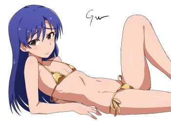 1girl bare_arms bare_shoulders bikini blue_hair brown_eyes closed_mouth flat_chest from_side frown gold_bikini idolmaster idolmaster_(classic) kisaragi_chihaya knee_up long_hair looking_to_the_side lying magusancients on_back raised_inner_eyebrows side-tie_bikini_bottom sideways_glance simple_background solo swimsuit white_background