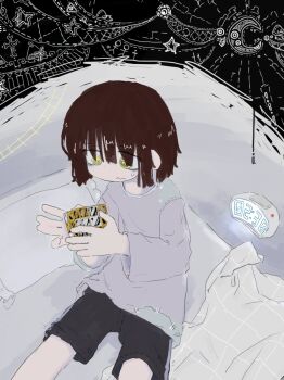 1girl alarm_clock bags_under_eyes black_shorts brown_hair clock closed_mouth crescent cross feet_out_of_frame frown furrowed_brow futon highres holding holding_toy latin_cross long_sleeves looking_at_object original patchwork_clothes pillow purple_shirt ringed_eyes rubik's_cube shirt short_hair shorts sidelocks sitting solo star_(symbol) stick_figure sweatdrop torosakana toy wavy_mouth yellow_eyes