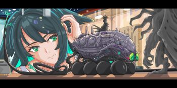 1girl creature cthulhu_mythos display display_case dress elder_thing eldritch_abomination glass green_eyes green_hair hair_behind_ear highres indoors long_hair military_vehicle model museum robot saya_no_uta shrike2743 sleeveless sleeveless_dress standing sundress tentacles