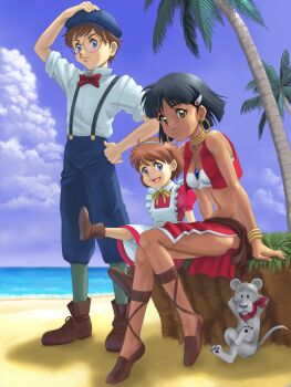 0-sum armlet bandeau blue_eyes bob_cut bracelet breasts brown_hair commentary_request dark-skinned_female dark_skin earrings fushigi_no_umi_no_nadia graphite_(medium) hat highres hoop_earrings jean_roque_lartigue jean_roque_raltique jewelry king_(nadia) long_hair marie_en_carlsberg multiple_girls nadia_la_arwall neck_ring necklace pelvic_curtain purple_hair short_hair strapless traditional_media tube_top