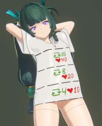 1girl 3d ? animated arms_behind_head bottomless cut-here_line cutting_clothes green_hair heart indexae like_and_retweet loli long_hair looking_at_viewer multiple_drawing_challenge purple_eyes pussy qingyi_(zenless_zone_zero) retweet_(meme) retweet_icon robot robot_girl shirt short_sleeves solo standing t-shirt tagme thighs twintails uncensored very_long_hair video white_shirt zenless_zone_zero