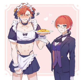 1boy 1girl :> abs apron aqua_eyes artist_request black_collar black_neckerchief black_pants black_ribbon blunt_bangs blush braid butler collar cropped_shirt crossdressing crossdressing_(ftm) crossdressing_(mtf) earrings female_butler food frilled_apron frills genderswap genderswap_(mtf) gloves hair_intakes hair_ribbon heart highres hizaki_gamma holding holding_plate holostars jacket jewelry long_sleeves looking_at_viewer maid maid_headdress male_maid miniskirt monocle multicolored_hair navel neckerchief omelet omurice open_clothes open_jacket orange_hair outside_border pants plate puffy_short_sleeves puffy_sleeves pulling ribbon short_hair short_sleeves skirt smile sparkle streaked_hair two_side_up vest virtual_youtuber waistcoat white_gloves