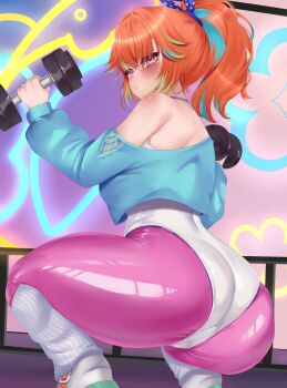 1980s_fashion 1girl ass blush breasts cropped_sweater dumbbell earrings exercising high_ponytail highleg highleg_leotard highres holding holding_dumbbell hololive hololive_english hoop_earrings jewelry large_breasts leg_warmers leggings leotard long_hair looking_at_viewer looking_back multicolored_hair off-shoulder_sweater off_shoulder official_alternate_costume oioi_ainomo orange_hair pink_leggings ponytail purple_eyes shiny_clothes solo sweater takanashi_kiara takanashi_kiara_(fever_night) virtual_youtuber white_leg_warmers white_leotard