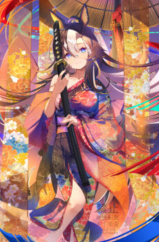 Rule 34 | 1girl, absurdres, ahoge, animal ears, bikini, black kimono, blue eyes, brown hair, chest sarashi, closed mouth, collarbone, colorful, commentary request, dream journey (umamusume), feet out of frame, floral print, floral print kimono, glasses, gradient eyes, hair between eyes, highres, holding, holding sword, holding weapon, horse ears, horse girl, japanese clothes, kimono, long hair, long sleeves, looking at viewer, multicolored eyes, multicolored hair, obijime, print bikini, print kimono, purple eyes, sarashi, sheath, sheathed, single bare shoulder, solo, streaked hair, swimsuit, sword, umamusume, very long hair, watermark, weapon, white hair, wide sleeves, yomean!