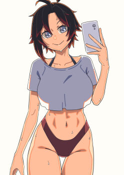1girl absurdres black_hair breast_curtains breasts cellphone crop_top crop_top_overhang dyun highleg highleg_panties highres holding holding_phone large_breasts looking_at_viewer panties phone red_panties ruby_rose rwby selfie short_hair smartphone solo underwear