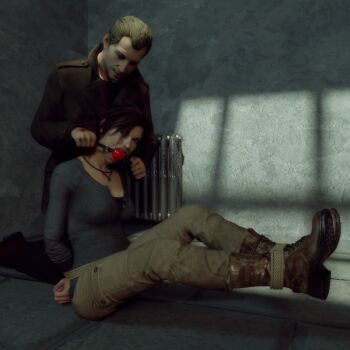 1boy 1girl 3d arms_behind_back ball_gag bdsm bondage bound bound_ankles bound_wrists breasts brown_eyes brown_hair gag gagged gagging iorel-renders jewelry konstantin lara_croft necklace rope tomb_raider