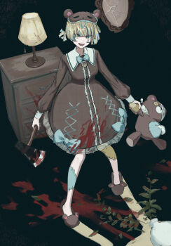 Rule 34 | 1girl, animal slippers, axe, black background, blonde hair, blood, blood on clothes, broken mirror, brown dress, chest of drawers, commentary request, cooking, dress, eye mask, full body, genderswap, genderswap (mtf), hibachi mana, highres, holding, holding axe, holding stuffed toy, lamp, long sleeves, mask, mirror, nagikiho, nijisanji, open mouth, ponytail, pool of blood, sailor collar, short hair, short ponytail, simple background, slippers, smile, solo, stitched leg, stitches, stuffed animal, stuffed toy, teddy bear, vase, virtual youtuber, white sailor collar, yellow eyes