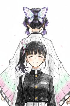 2girls ai-chan_(animelovely930) back-to-back belt black_hair black_jacket blush butterfly_hair_ornament cape closed_eyes facing_viewer hair_ornament highres jacket kimetsu_no_yaiba kochou_shinobu long_sleeves multiple_girls pink_hair side_ponytail simple_background smile teeth tsuyuri_kanao white_background white_belt white_cape