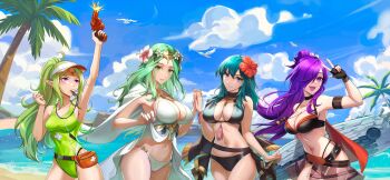 4girls absurdres ahoge arm_up armpits bare_shoulders beach bikini bikini_boody bird black_bikini black_cape black_choker blowing_whistle blue_eyes blue_hair blue_sky breasts cape choker circlet cleavage closed_mouth cloud collarbone commentary commission covered_navel english_commentary fanny_pack female_byleth_(fire_emblem) female_byleth_(summer)_(fire_emblem) female_shez_(fire_emblem) female_shez_(summer)_(fire_emblem) fire_emblem fire_emblem:_three_houses fire_emblem_awakening fire_emblem_heroes fire_emblem_warriors:_three_hopes flare_gun flower green_eyes green_hair green_one-piece_swimsuit gun hair_between_eyes hair_flower hair_ornament hair_over_one_eye hibiscus highres holding holding_gun holding_weapon large_breasts lifeguard long_hair looking_at_viewer medium_breasts multiple_girls navel nintendo nowi_(fire_emblem) ocean official_alternate_costume one-piece_swimsuit open_mouth palm_tree pointy_ears ponytail purple_eyes purple_hair red_flower rhea_(fire_emblem) rhea_(summer)_(fire_emblem) rock sky smile stomach surfboard swimsuit tree visor_cap water weapon whistle white_bikini white_flower