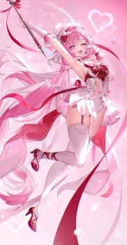 1girl :d absurdres adapted_costume arm_up armpits braid braided_bangs breasts chromatic_aberration commentary diamond-shaped_pupils diamond_(shape) elysia_(hi_love_elf)_(honkai_impact) elysia_(honkai_impact) full_body gloves hair_intakes hair_ornament half-heart_hands hand_up hat heart heart_hair_ornament high_heels highres honkai_(series) honkai_impact_3rd leotard long_hair looking_at_viewer medium_breasts one_eye_closed open_mouth pink_background pink_hair pink_shoes purple_eyes rity shoes showgirl_skirt single_glove skindentation skirt smile solo symbol-shaped_pupils thighhighs thighs very_long_hair white_gloves white_hat white_leotard white_skirt white_thighhighs