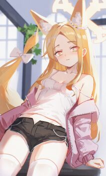 1girl alternate_costume animal_ear_fluff animal_ears bare_shoulders black_shorts blonde_hair blue_archive bow danraz0r forehead fox_ears fox_girl fox_tail highres jacket loli long_hair looking_at_viewer pink_eyes pink_jacket seia_(blue_archive) short_shorts shorts sidelocks solo tail tail_bow tail_ornament tank_top thighhighs white_bow white_tank_top white_thighhighs