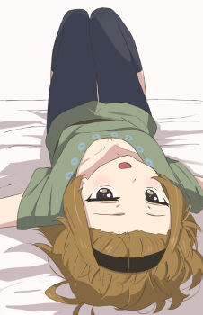 1girl alternate_costume andreypavlow bed_sheet black_hairband black_leggings brown_eyes brown_hair collarbone commentary from_above full_body green_shirt hairband highres k-on! leggings looking_at_viewer lying medium_hair on_back on_bed shirt short_sleeves sidelocks solo tainaka_ritsu