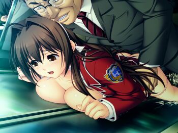 1boy 1girl against_glass age_difference ahoge ass blazer blush breast_press breasts breasts_on_glass brown_eyes brown_hair chikan clothed_sex clothes_lift cum doggystyle dutch_angle evil_grin evil_smile formal_clothes game_asset glasses grin hair_intakes hair_ribbon hairband hetero jacket large_breasts long_hair maishima_yuri molestation multiple_boys necktie nerawareta_megami_tenshi_angel_tear no_bra non-web_source official_art old open_clothes open_mouth open_shirt panties panty_pull pink_panties public_indecency pussy_juice rape ribbon sad school_uniform self-datamine sex sex_from_behind shirt skirt skirt_lift smile socks suit sweat tears torso_grab train_interior tsukumo_kazuita ugly_bastard underwear variant_set visual_novel_cg