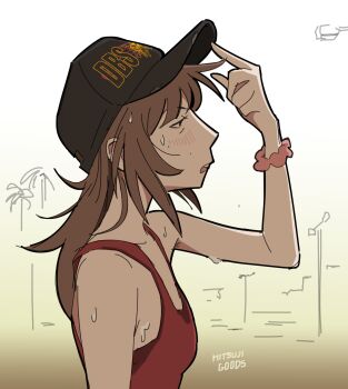 1girl bra breasts brown_hair commentary english_commentary freckles from_side highres hitsuji_(hitsujigoods) hot kara_eklund long_hair open_mouth original red_bra red_tank_top scrunchie signature small_breasts solo sweat tank_top underwear wrist_scrunchie