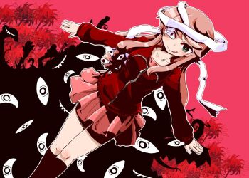 1girl amezaki_chihaya bandaged_head bandages brown_hair closed_mouth commentary_request extra_eyes flower green_eyes heterochromia jacket jikkyou_powerful_pro_yakyuu kneehighs kouno_miki long_hair monster_girl power_pro_kun_pocket power_pro_kun_pocket_13 red_eyes red_jacket red_skirt skirt socks solo spider_lily tongue tongue_out track_jacket