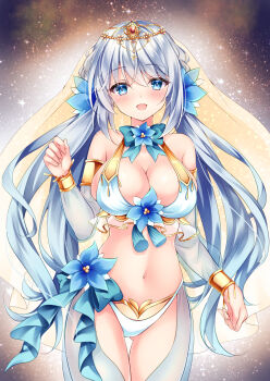 Rule 34 | 1girl, bare shoulders, bikini, blue eyes, blue flower, blush, breasts, cleavage, commission, cowboy shot, detached sleeves, flower, grey hair, hair between eyes, headpiece, large breasts, long hair, long sleeves, navel, nogi takayoshi, original, puffy long sleeves, puffy sleeves, see-through clothes, see-through sleeves, skeb commission, solo, standing, swimsuit, veil, very long hair, white bikini
