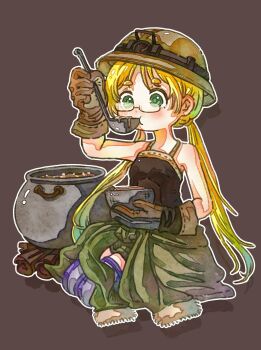 1girl absurdres blonde_hair blue_thighhighs blush brown_background brown_gloves brown_shirt cauldron chinese_commentary chong_shi_mu clothes_around_waist commentary_request eating food full_body fur_trim glasses gloves green_eyes green_jacket hand_up headlamp helmet highres holding holding_ladle holding_plate jacket jacket_around_waist ladle log long_hair long_sleeves made_in_abyss outline plate riko_(made_in_abyss) shirt sitting sleeveless sleeveless_shirt thighhighs twintails white_outline