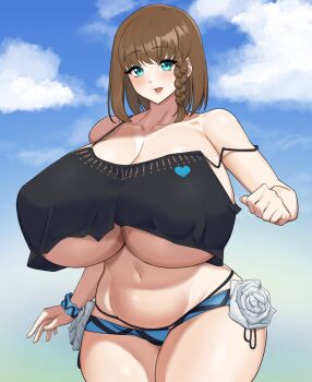 blue_eyes braid breasts brown_hair charlotte_corday_(fate) charlotte_corday_(swimsuit_caster)_(first_ascension)_(fate) cleavage fate/grand_order fate_(series) gigantic_breasts highres muundae navel stomach underboob wide_hips