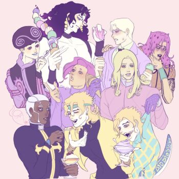 Rule 34 | afro, aqua sweater, argyle clothes, argyle gloves, argyle sweater, battle tendency, black vest, cassock, coat, collared shirt, commentary, cross, cross print, curly hair, diamond wa kudakenai, diavolo, diego brando, english commentary, enrico pucci, fishnet top, fishnets, funny valentine, highres, jojo no kimyou na bouken, jojolion, kira yoshikage, leomii quinn, pink coat, purple sweater, scary monsters (stand), shirt, spotted hair, stand (jojo), stardust crusaders, steel ball run, stone ocean, sweater, topless male, toru (jojolion), vento aureo, vest, vinegar doppio, wristband
