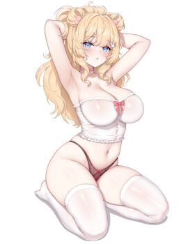 1girl :o armpits arms_behind_head arms_up blonde_hair blondedaze blue_eyes blush bow bow_panties breasts choker cleavage commentary commission english_commentary hair_bobbles hair_ornament hair_rings hairclip highleg highleg_panties highres indie_virtual_youtuber jewelry large_breasts long_hair looking_at_viewer navel necklace no_pants no_shoes panties parted_lips pearl_necklace pink_bow pink_choker pink_panties presenting_armpit rabbit_hair_ornament secon seiza shadow shiny_skin simple_background sitting skindentation solo strapless thighhighs tube_top underwear very_long_hair virtual_youtuber white_background white_thighhighs white_tube_top