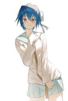 1girl blue_hair blush bow breasts fagi_(kakikaki) hair_between_eyes hair_bow hair_ribbon looking_at_viewer medium_breasts mole mole_under_eye necktie nisekoi red_eyes ribbon school_uniform shirt short_hair solo tsugumi_seishirou