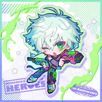 1boy :o black_pants border chibi commentary_request drop_shadow dual_wielding english_text full_body gradient_border green_background green_border green_eyes green_hair green_shoes gun highres holding holding_gun holding_weapon male_focus matochi_(fa) murakumo_kagetsu nijisanji one_eye_closed outline paint_on_body paint_on_clothes pants purple_border shoes short_hair single_fishnet_armwear solo star_(symbol) virtual_youtuber weapon white_background
