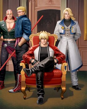 Rule 34 | artist self-reference, billy kane, black gloves, black jacket, black pants, blonde hair, commentary, cropped jacket, english commentary, fatal fury, fatal fury: city of the wolves, fingerless gloves, full body, garou: mark of the wolves, gloves, highres, jacket, kain r heinlein, long hair, looking at viewer, male focus, mori toshiaki, multiple boys, muscular, pants, rock howard, short hair, sitting, smile, snk, vox reaper