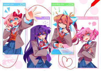 4girls blazer blonde_hair blue_eyes blue_skirt bow character_name closed_eyes collared_shirt crossed_arms doki_doki_literature_club grin hair_bow hair_ornament hairclip highres hugging_object jacket long_hair long_sidelocks matching_outfits monika_(doki_doki_literature_club) multiple_girls musical_note natsuki_(doki_doki_literature_club) neck_ribbon outstretched_arm pink_eyes pink_hair pink_vest polka_dot polka_dot_background purple_eyes purple_hair ribbon sayori_(doki_doki_literature_club) school_uniform shirt sidelocks skirt smile st4ngray sweatdrop vest white_shirt window_(computing) writing yuri_(doki_doki_literature_club)