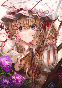 1girl alternate_eye_color arm_rest ascot blonde_hair blush collared_shirt commentary commentary_request crystal_wings elbow_rest english_commentary flandre_scarlet flower hair_ribbon hat highres holding holding_umbrella hydrangea long_hair majamari mixed-language_commentary mob_cap nail_polish parted_lips puffy_short_sleeves puffy_sleeves purple_eyes purple_flower purple_nails red_ribbon red_vest ribbon shirt short_sleeves solo sparkle touhou transparent transparent_umbrella umbrella upper_body vest white_hat white_shirt wings yellow_ascot