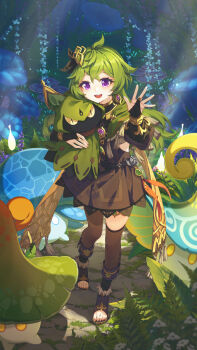 1girl :d absurdres ahoge banjie black_boots black_dress boots bridal_gauntlets brown_thighhighs chinese_commentary collei_(genshin_impact) commentary_request crossed_bangs cuilein-anbar_(genshin_impact) double-parted_bangs dress full_body fungi_(genshin_impact) genshin_impact green_hair hand_up highres long_hair long_sleeves open-toe_boots open_mouth outdoors purple_eyes smile solo standing thighhighs