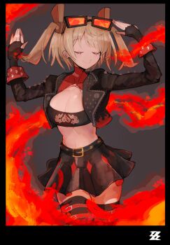 1girl absurdres belt black-framed_eyewear black_belt black_border black_gloves black_jacket black_skirt black_thighhighs blonde_hair border breasts burnice_white closed_eyes closed_mouth commentary_request cropped_jacket eyewear_on_head fingerless_gloves gloves grey_background hair_ornament hands_up highres jacket long_sleeves medium_breasts medium_hair midriff navel open_clothes open_jacket pleated_skirt red-tinted_eyewear skirt smile solo spiked_jacket sunglasses taipe_pepe thighhighs tinted_eyewear twintails zenless_zone_zero