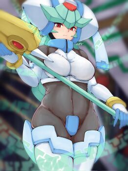 1girl armor black_bodysuit blurry blurry_background bodysuit breasts commentary cowboy_shot crotch_plate forehead_jewel green_hair helmet highres hiyoko_18-gou holding holding_staff large_breasts long_hair mega_man_(series) mega_man_zx model_w_(mega_man) pandora_(mega_man) red_eyes solo staff white_armor white_helmet