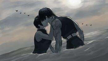 batbite beach belt bird cloud cloudy_sky highres imminent_kiss incest jujutsu_kaisen multiple_scars muscular muscular_female ocean partially_submerged scar scar_on_arm scars_all_over siblings sisters sky sleeveless tank_top tears too_many twins water yuri zen'in_mai zen'in_maki