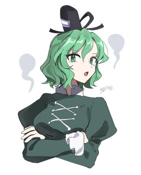 1girl absurdres black_hat breasts commentary cross-laced_clothes crossed_arms ghost green_eyes green_hair hat highres juliet_sleeves long_sleeves looking_at_viewer open_mouth puffy_sleeves short_hair signature simple_background soga_no_tojiko solo tate_eboshi touhou uehara_suiyo upper_body white_background