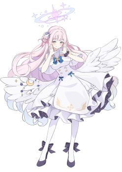 1girl angel_wings blue_archive blue_bow bow breasts buttons capelet closed_mouth commentary_request crescent cu_cu_cu double-breasted dress feathered_wings flower full_body gold_trim gradient_hair gun hair_bun hair_flower hair_ornament halo high_heels highres long_hair looking_at_viewer low_wings medium_breasts mika_(blue_archive) multicolored_hair pantyhose pink_hair pink_halo pumps scrunchie simple_background single_hair_bun single_side_bun smile solo very_long_hair weapon white_background white_capelet white_dress white_hair white_overskirt white_pantyhose white_wings wing_ornament wings wrist_scrunchie yellow_eyes