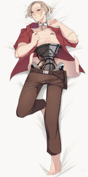1girl absurdres android barcode barefoot belt blonde_hair brown_pants collarbone collared_shirt commentary_request dakimakura_(medium) ear_piercing ecomoesty flat_chest freckles highres mechabare on_bed original pants parted_lips piercing purple_eyes red_shirt shirt short_hair skin_seams solo