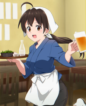 Rule 34 | 1girl, :d, ahoge, alcohol, apron, beer, beer mug, blurry, blurry background, brown eyes, brown hair, chair, commentary, cup, edamame, female focus, holding, holding cup, holding tray, indoors, isekai izakaya "nobu", japanese clothes, long hair, looking at viewer, mizinkoex, mug, open mouth, ponytail, samue, senke shinobu, smile, solo, standing, standing on one leg, tray, waist apron, waitress
