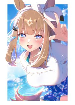 +_+ 1girl almond_eye_(umamusume) animal_ears blue_eyes blush bow bow_hairband braid braided_sidelocks breasts brown_hair cleavage colored_inner_hair hair_between_eyes hair_ornament hairband hairclip highres horse_ears horse_girl horse_tail kanntsukirin long_hair looking_at_viewer multicolored_hair smile solo symbol-shaped_pupils tail too_many_hair_ornaments umamusume white_hairband x-shaped_pupils