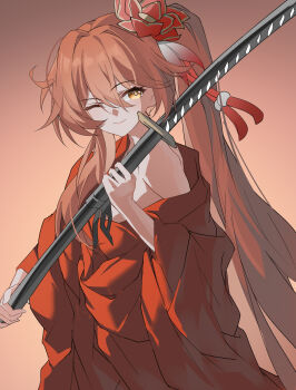 Rule 34 | 1girl, commentary request, evzeva, gradient background, guinaifen (honkai: star rail), hair between eyes, hair ornament, high ponytail, highres, holding, holding sword, holding weapon, honkai: star rail, honkai (series), japanese clothes, katana, kimono, looking at viewer, looking to the side, one eye closed, orange hair, ponytail, red kimono, sheath, sheathed, single off shoulder, smile, solo, sword, weapon, yellow eyes