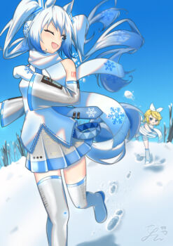 2girls absurdly_long_hair absurdres ahoge animal_ears aqua_hair arm_tattoo blonde_hair blue_eyes blue_necktie blue_trim blush boots breasts chinese_zodiac commentary_request detached_sleeves gradient_hair grey_leg_warmers grey_shorts grey_skirt hair_between_eyes hair_ornament happy_new_year hatsune_miku headset highres horse_ears kagamine_rin leg_warmers long_hair long_sleeves looking_at_another mittens multicolored_hair multiple_girls necktie new_year number_tattoo one_eye_closed open_mouth pleated_skirt scarf shirt shorts skirt sleeveless sleeveless_shirt small_breasts smile snowball snowflake_print snowflakes solo tattoo thigh_boots thighhighs throwing tie_clip tokita_rin twintails very_long_hair vocaloid white_hair white_mittens white_scarf wide_sleeves year_of_the_horse yuki_miku yuki_miku_(2011) yuki_rin zettai_ryouiki