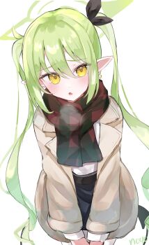 alternate_costume artist_name blue_archive blush bow commentary demon_tail earrings english_commentary fang green_hair hair_bow halo highres jacket jewelry noko_(nco029685627) nozomi_(blue_archive) pointy_ears scarf sidelocks simple_background single_earring skin_fang skirt tail twintails yellow_eyes