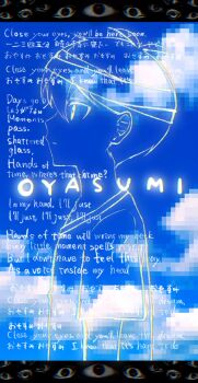 1boy antenna_hair bandaged_head bandages bilingual_text closed_mouth commentary_request english_text expressionless from_side highres hospital_gown lyrics male_focus mixed-language_text o3o2sao omori romaji_text short_hair short_sleeves solo spoilers sunny_(hospital_gown)_(omori) sunny_(omori) translated upper_body