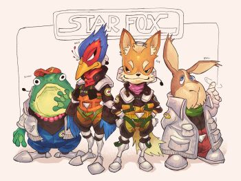 Rule 34 | 4boys, animal, animal ears, beak, bird, bird boy, blue eyes, captionpanic, falco lombardi, fox boy, fox ears, fox mccloud, fox tail, frog, furry, furry male, hands in pockets, hat, headset, highres, jacket, jewelry, lizard, looking at viewer, microphone, multiple boys, necklace, nintendo, peppy hare, scarf, slippy toad, smile, star fox, tail