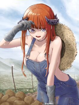 1girl :d alternate_costume areola_slip arknights arm_up bagpipe_(arknights) bare_shoulders blue_sky breasts choker cleavage cloud collarbone commentary cowboy_shot day gloves grey_gloves highres horns large_breasts long_hair looking_at_viewer mildt naked_overalls open_mouth orange_hair outdoors overalls potato purple_eyes sky smile solo standing sweat very_long_hair
