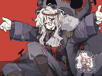 1girl arms_up ascot black_coat black_vest boots brown_boots coat e.g.o_(project_moon) gmno_6 grey_pants grey_shirt hair_between_eyes hex_nail_(e.g.o) highres hurting_teddy_bear knees_up la_manchaland's_don_quixote_(project_moon) limbus_company long_hair long_sleeves looking_at_viewer open_mouth pants patchwork_clothes project_moon red_background red_ribbon red_rope ribbon rope shirt simple_background sitting smile solo stitches vest wavy_hair white_ascot white_hair