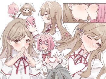 2girls amaori_renako animal_ears ashigaya_high_school_uniform blush bow bowtie breasts brown_eyes brown_hair character_doll chibi closed_eyes clothes_around_waist collared_shirt doll embarrassed flower_hairpin flying_sweatdrops full-face_blush furrowed_brow hair_ornament hairclip hashtag-only_commentary heart heart_hands highres kiss long_hair long_sleeves medium_hair multiple_girls multiple_views neck_ribbon one_eye_closed open_mouth parallel_hairclips pink_hair purple_eyes red_bow red_bowtie ribbon school_uniform sena_ajisai shirt skirt smile steepled_fingers watashi_ga_koibito_ni_nareru_wake_naijan_murimuri! white_background white_shirt x_hair_ornament yeyep0911 yuri