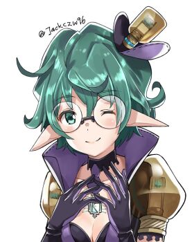 1girl breasts curly_hair female_focus fingerless_gloves glasses gloves hat j@ck nintendo one_eye_closed pandoria_(xenoblade) pointy_ears short_hair simple_background smile solo xenoblade_chronicles_(series) xenoblade_chronicles_2